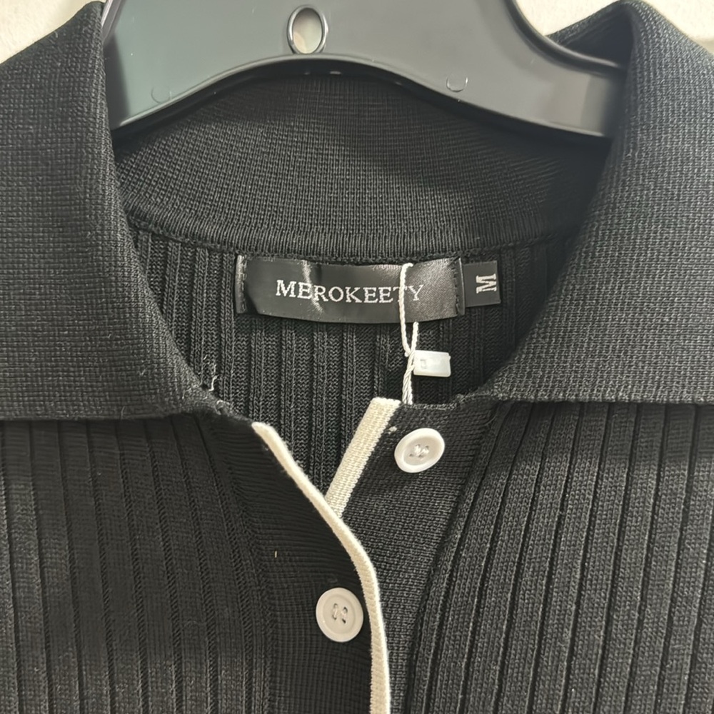 Women’s Long Black Collar Buttoned Down Ribbed Sweater Bodycon Maxi Dress Medium - Picture 4 of 14